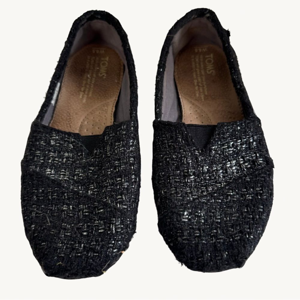 TOMS Black Glitter Slip On Shoes Womens 6.5 Classic Loafer Flats